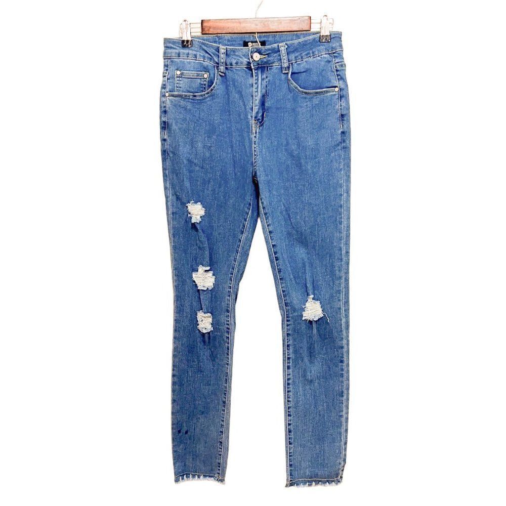 NWT Potili Medium Wash Skinny Distressed Stretch Blue Denim Jeans Retail $99